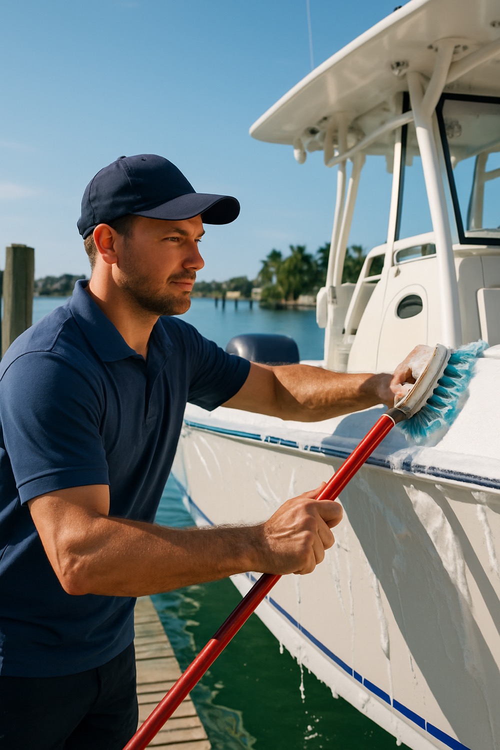 A detailer hand-washing a clean center console boat at a private dock on a bright Sarasota morning