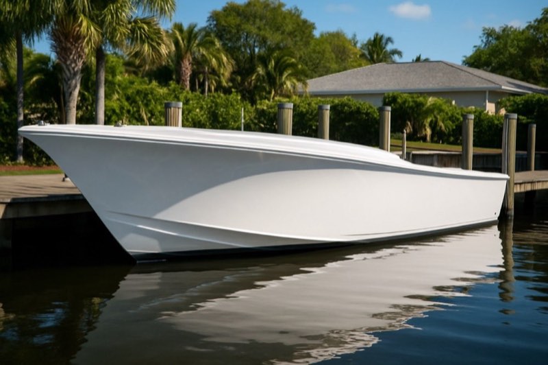 The same boat hull cleaned to a bright, spotless white after detailing