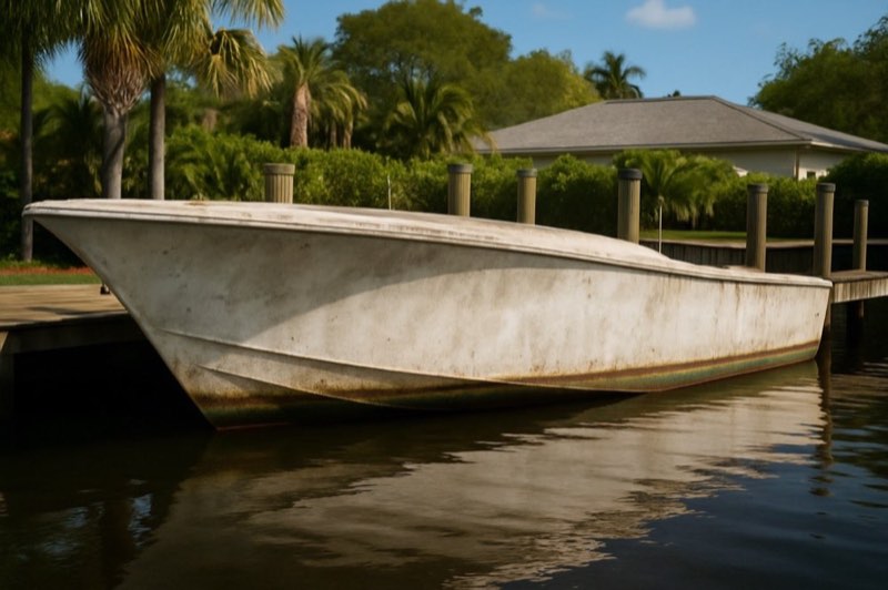 A boat hull with a dirty brown waterline stain and marine scum before cleaning