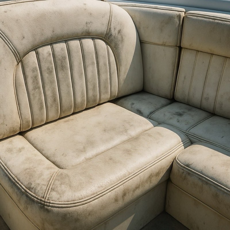 Stained, mildewed vinyl boat seats before cleaning